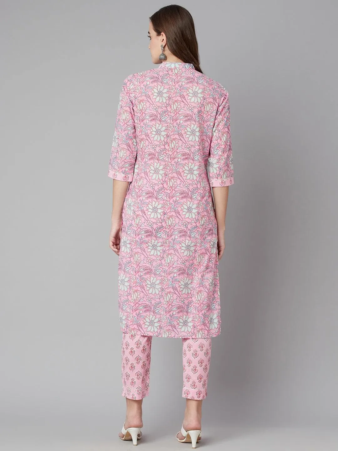 Divena Pink floral printed Cotton Kurta Pant set