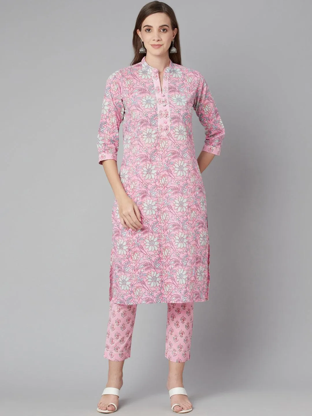 Divena Pink floral printed Cotton Kurta Pant set