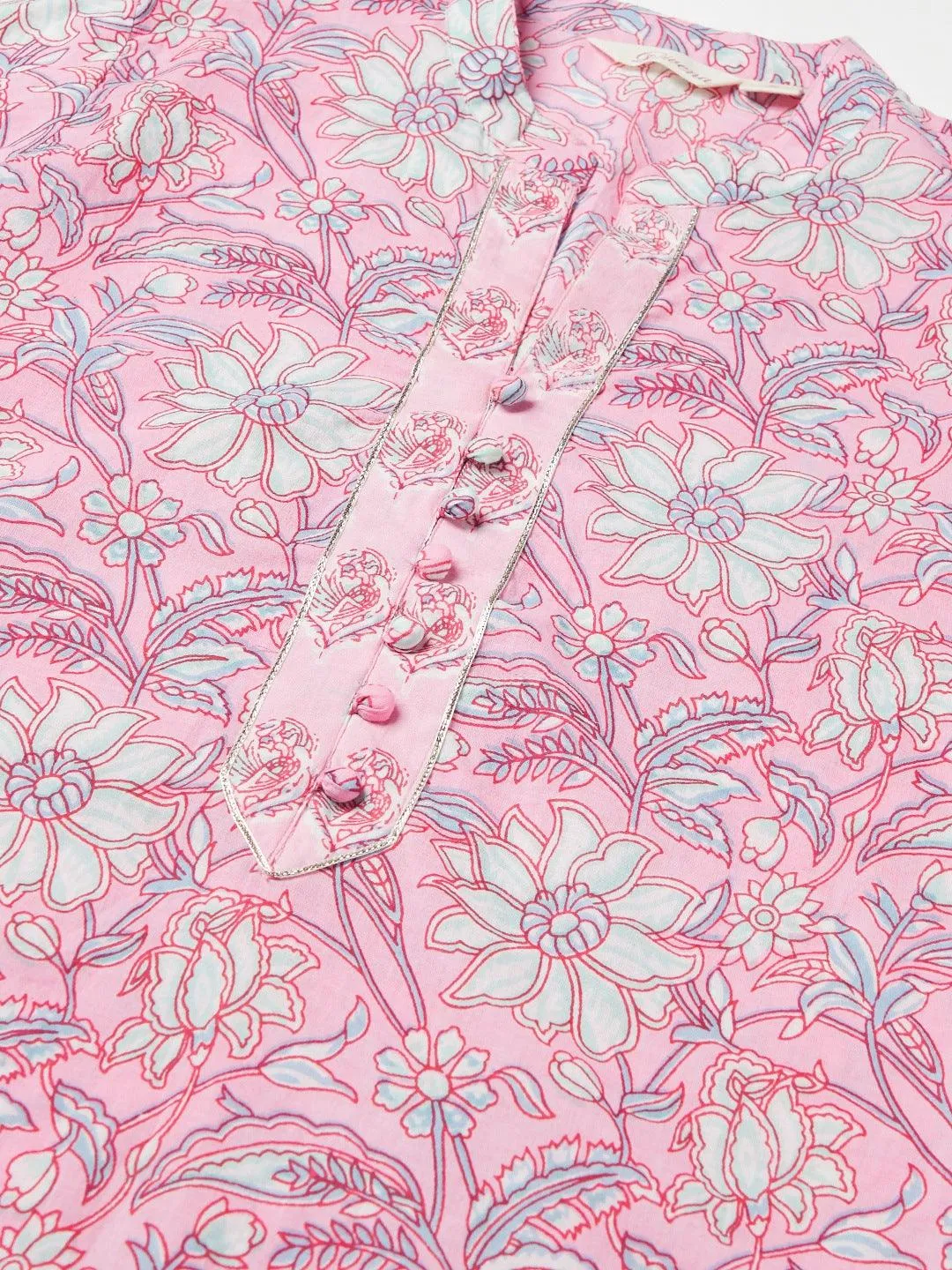 Divena Pink floral printed Cotton Kurta Pant set