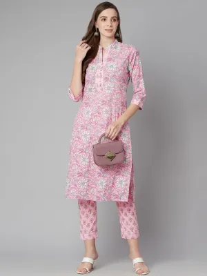 Divena Pink floral printed Cotton Kurta Pant set