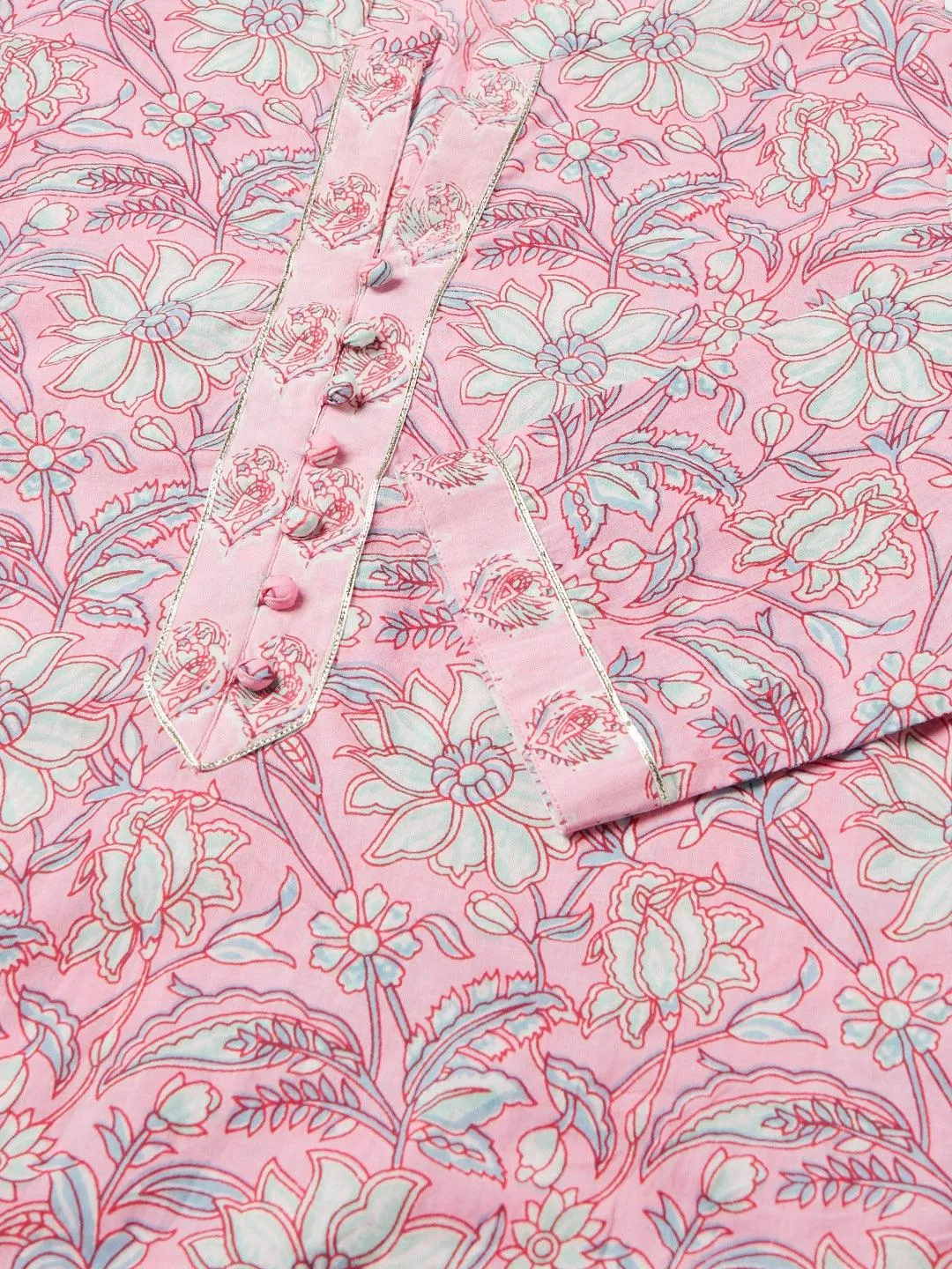 Divena Pink floral printed Cotton Kurta Pant set