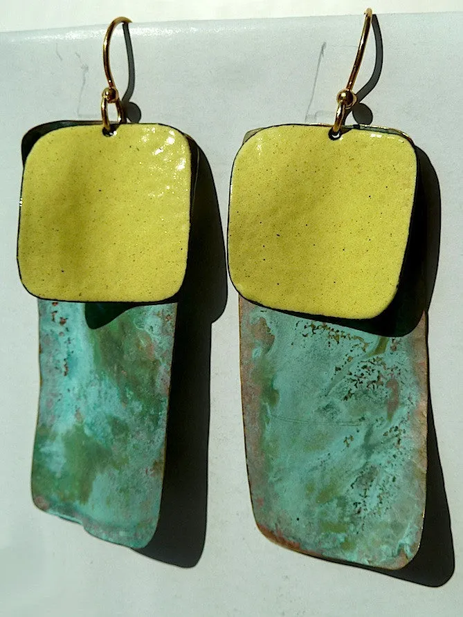 Earrings Dogtag In Patina And Copper Yellow And Burnt Orange