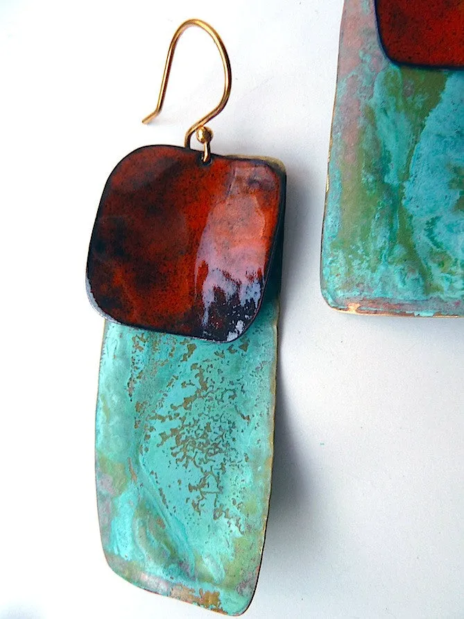 Earrings Dogtag In Patina And Copper Yellow And Burnt Orange