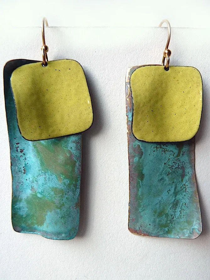 Earrings Dogtag In Patina And Copper Yellow And Burnt Orange