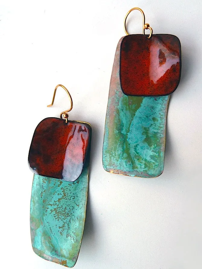 Earrings Dogtag In Patina And Copper Yellow And Burnt Orange