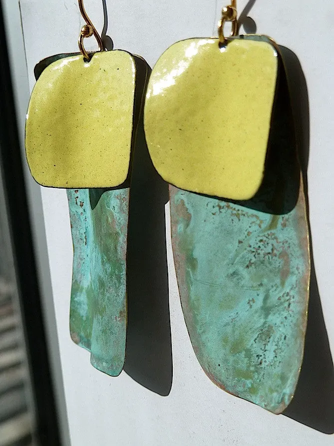Earrings Dogtag In Patina And Copper Yellow And Burnt Orange