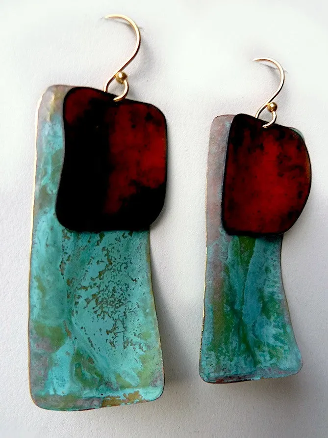 Earrings Dogtag In Patina And Copper Yellow And Burnt Orange