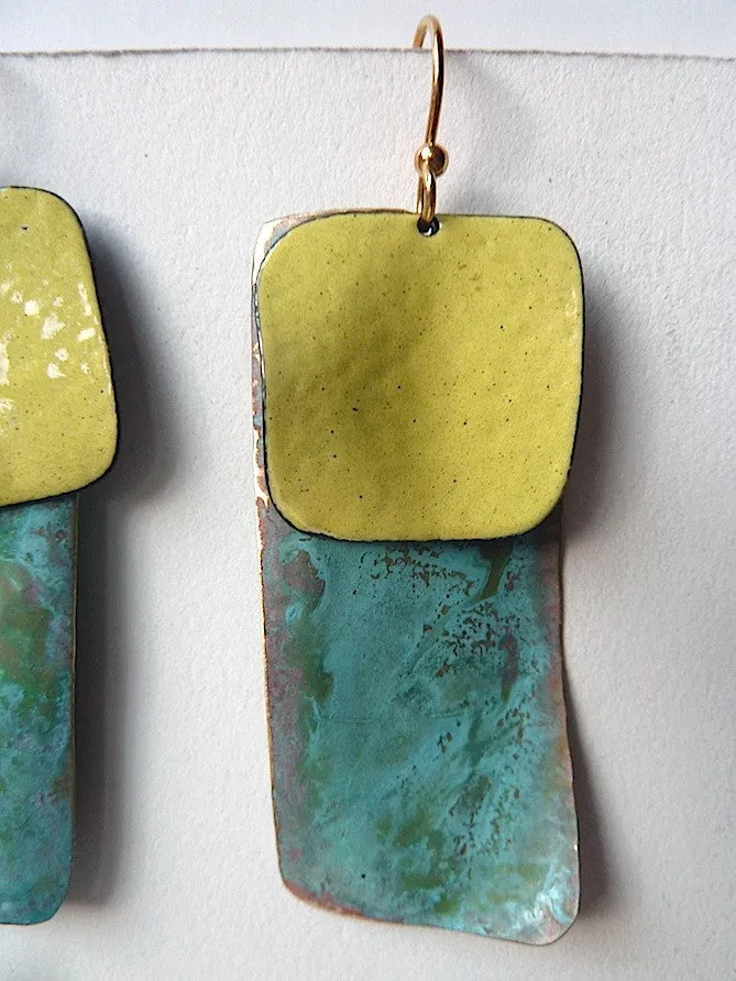 Earrings Dogtag In Patina And Copper Yellow And Burnt Orange