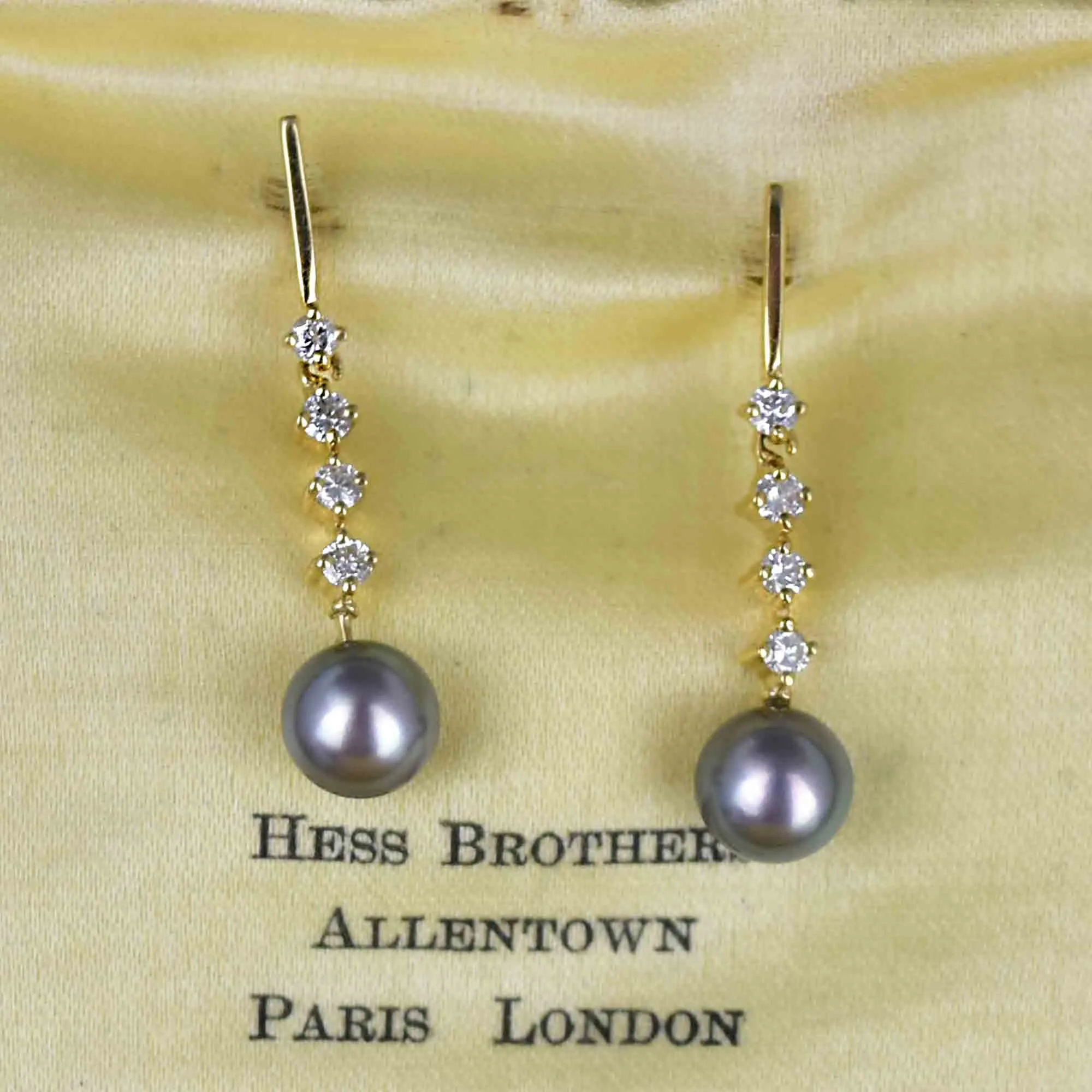 Fine 14K Gold Diamond Gray Pearl Dangle Earrings