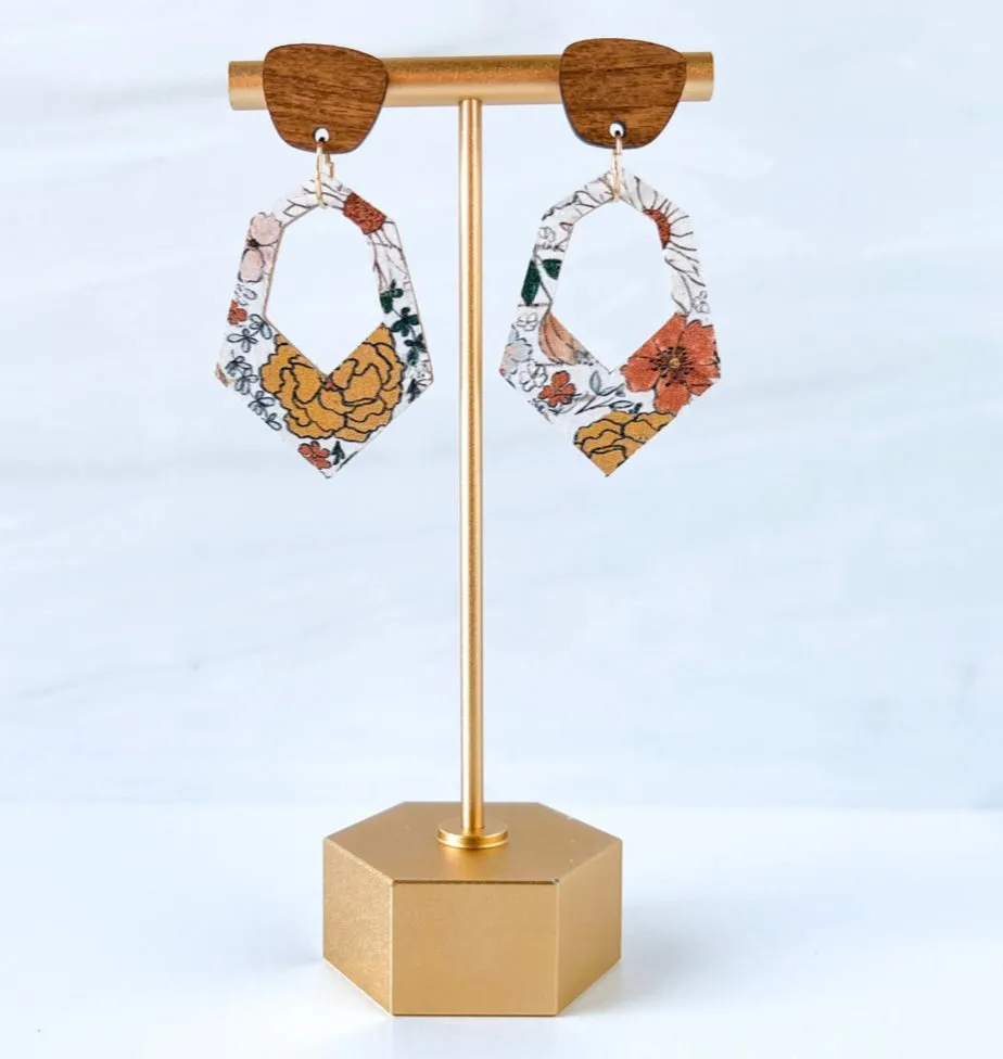 Floral Leather Hexagon Earrings