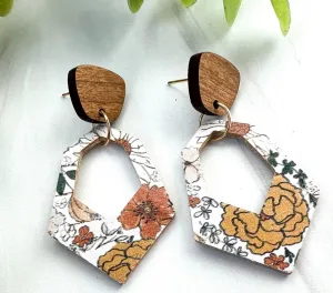 Floral Leather Hexagon Earrings