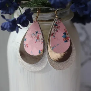 Floral Print & Metallic Gold Faux Leather Earrings