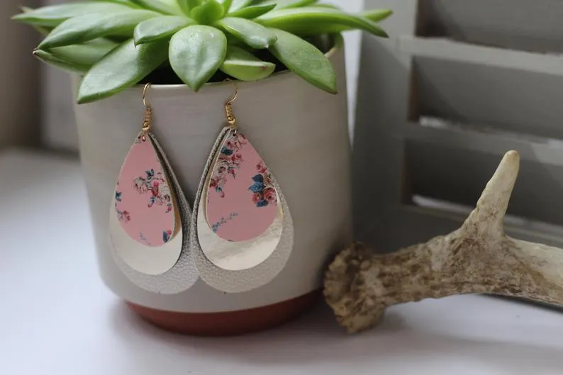 Floral Print & Metallic Gold Faux Leather Earrings