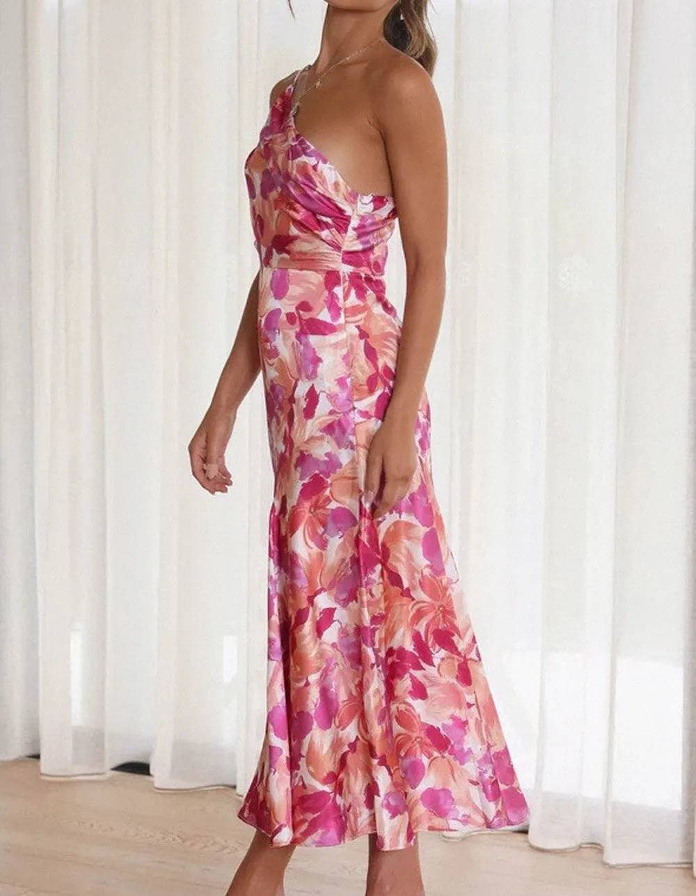 Floral Print Backless One Shoulder Strap Long A-Line Dresses