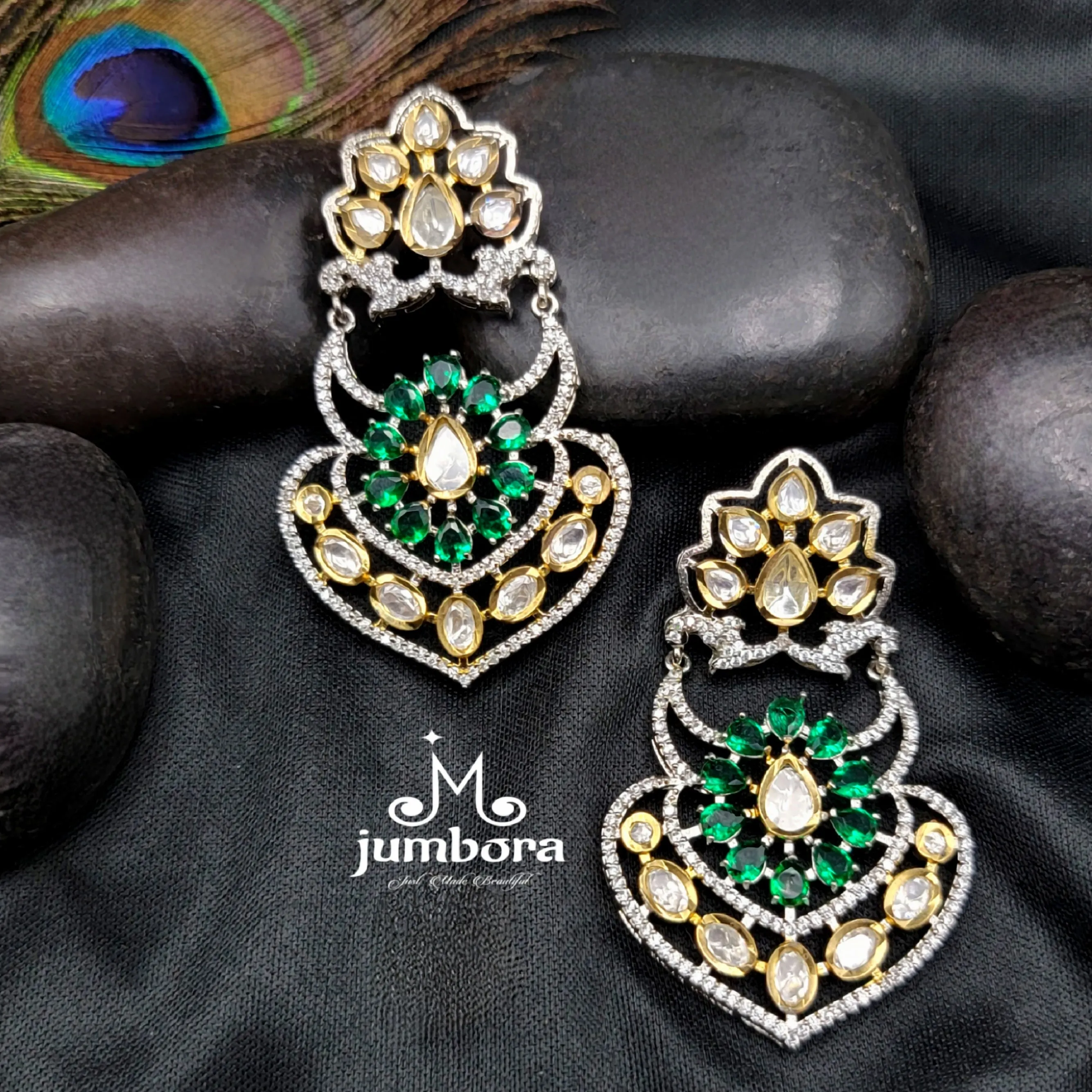 Green & White AD Zircon Statement Kundan Earring