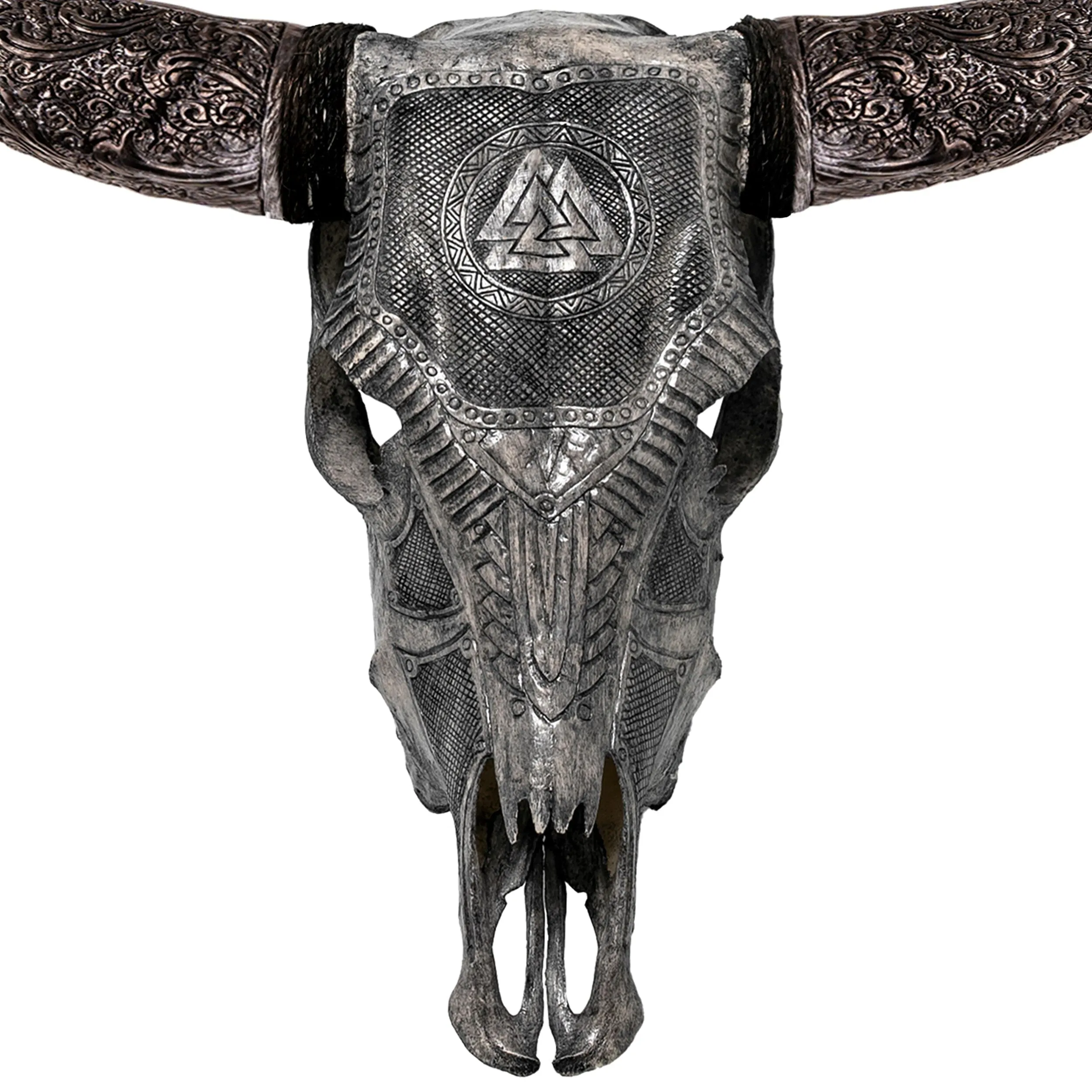 Hand Carved Bull Skull - Gray Valknut