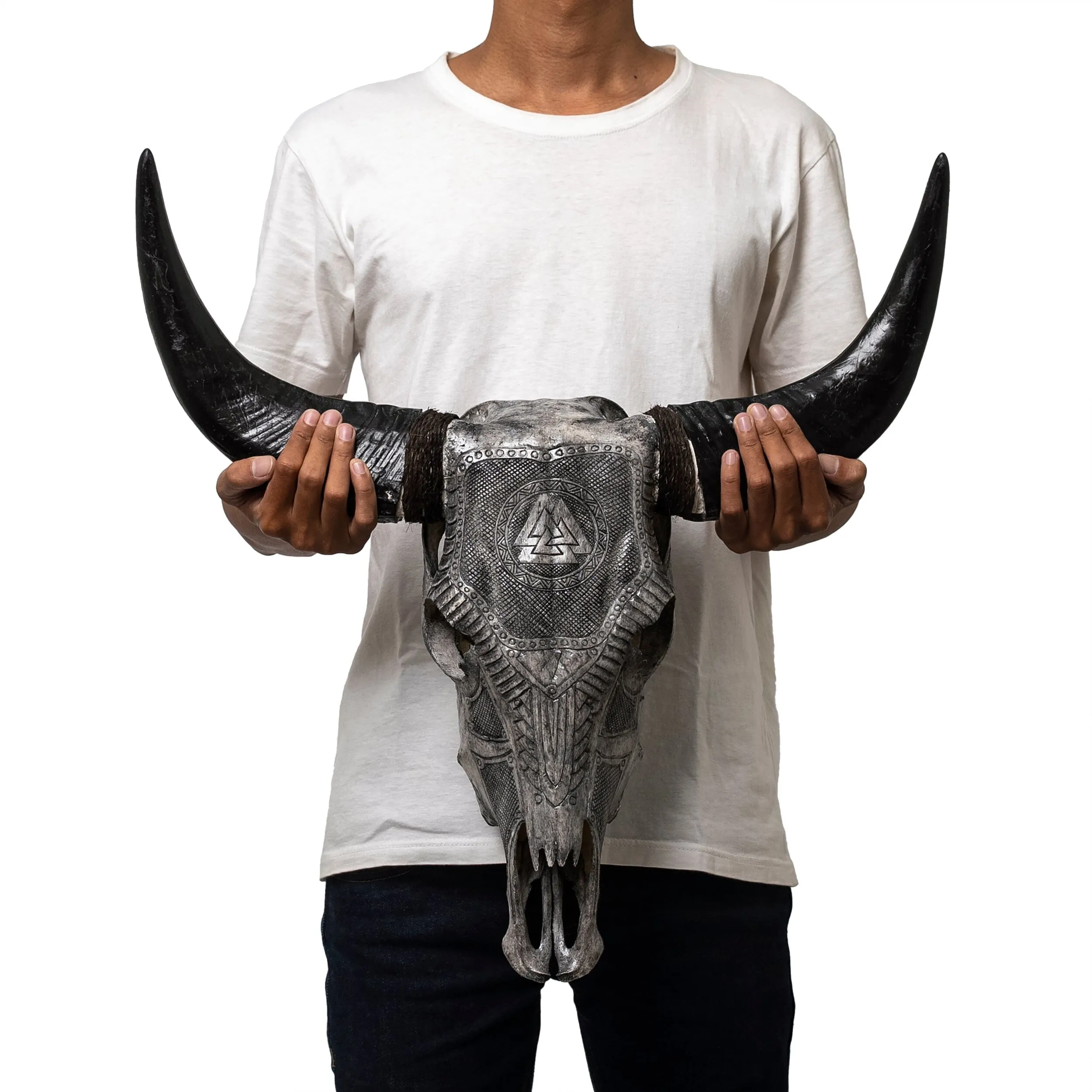 Hand Carved Bull Skull - Gray Valknut