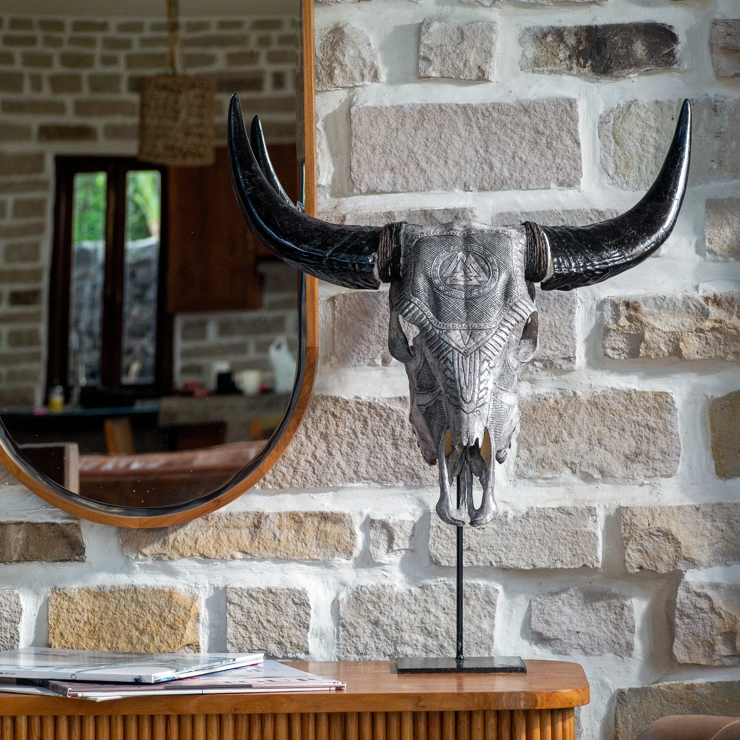 Hand Carved Bull Skull - Gray Valknut