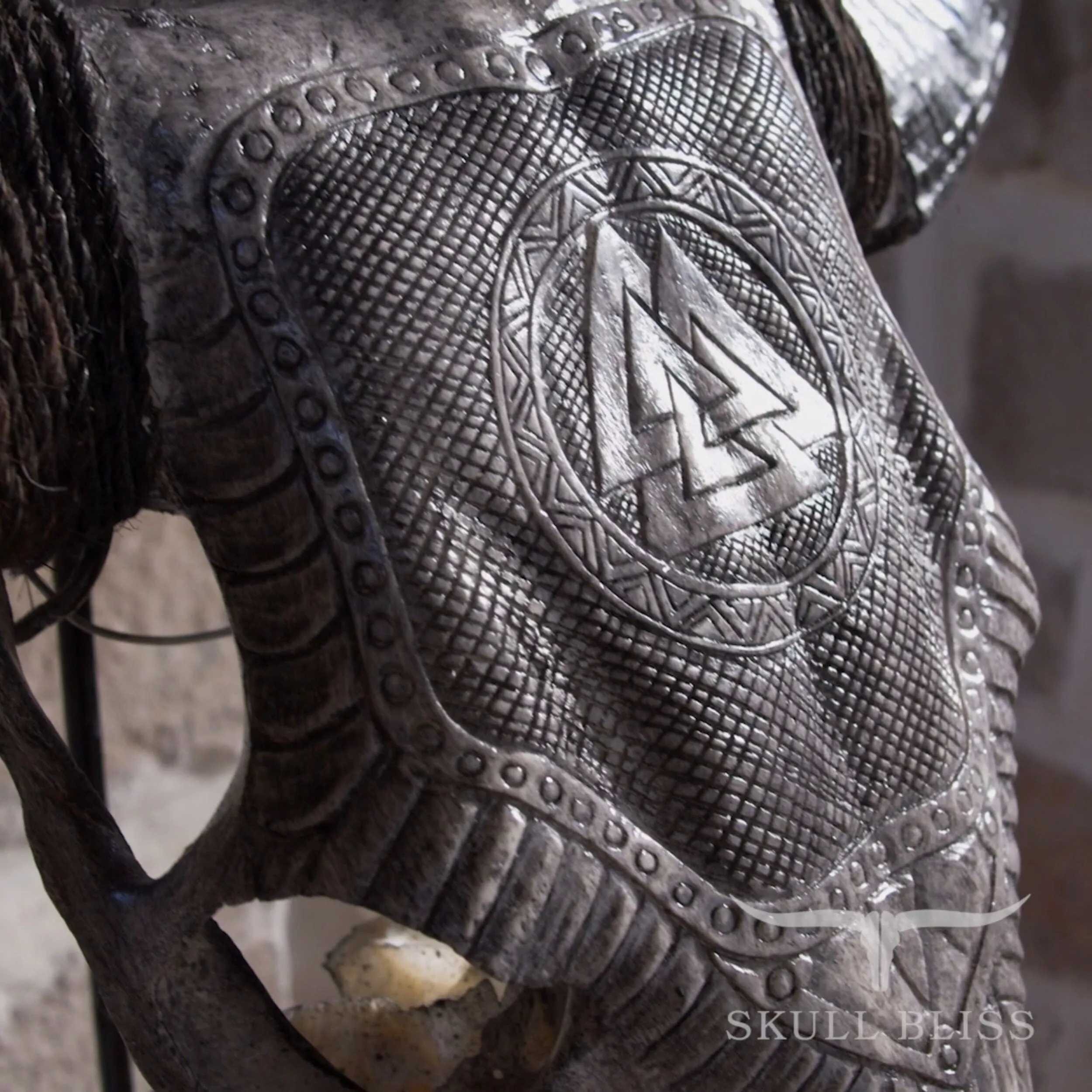 Hand Carved Bull Skull - Gray Valknut