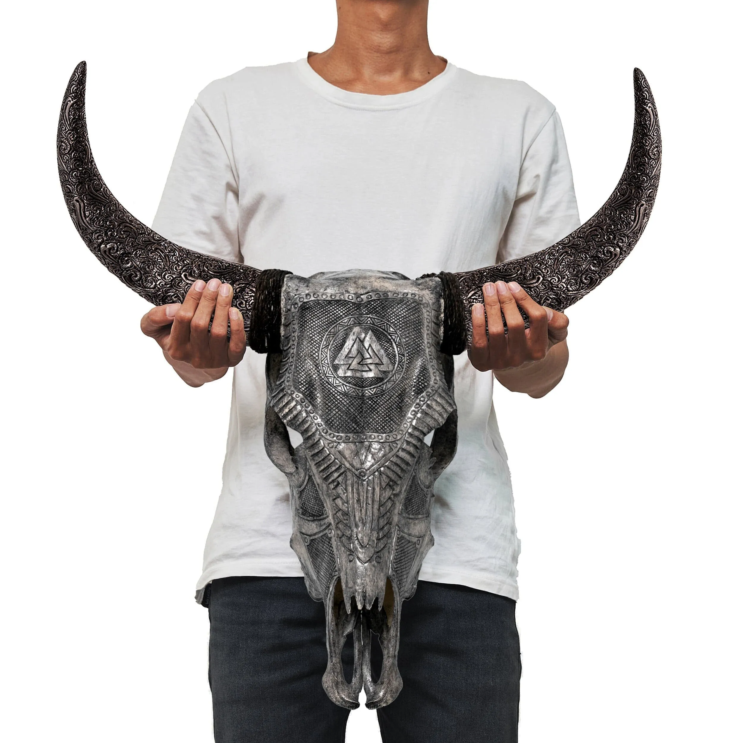 Hand Carved Bull Skull - Gray Valknut