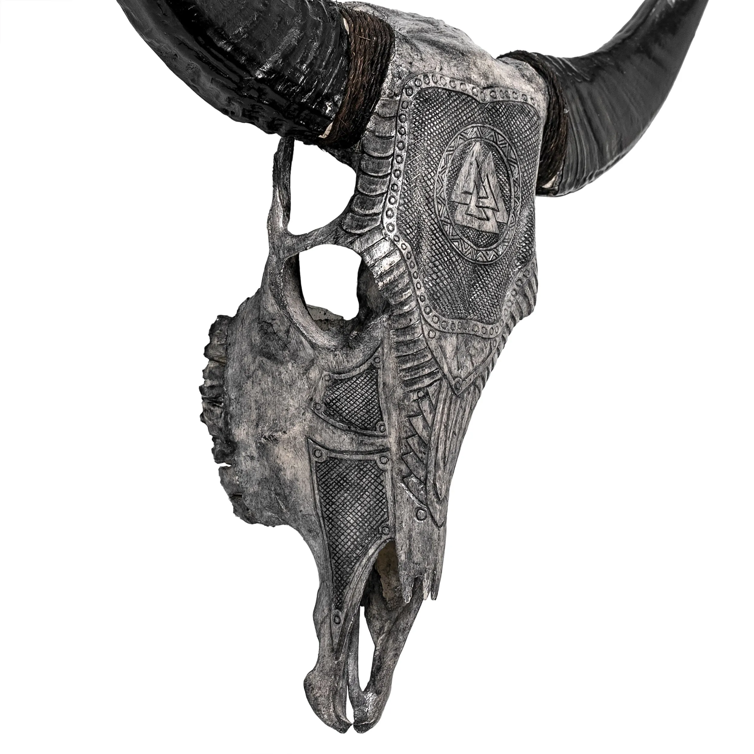 Hand Carved Bull Skull - Gray Valknut