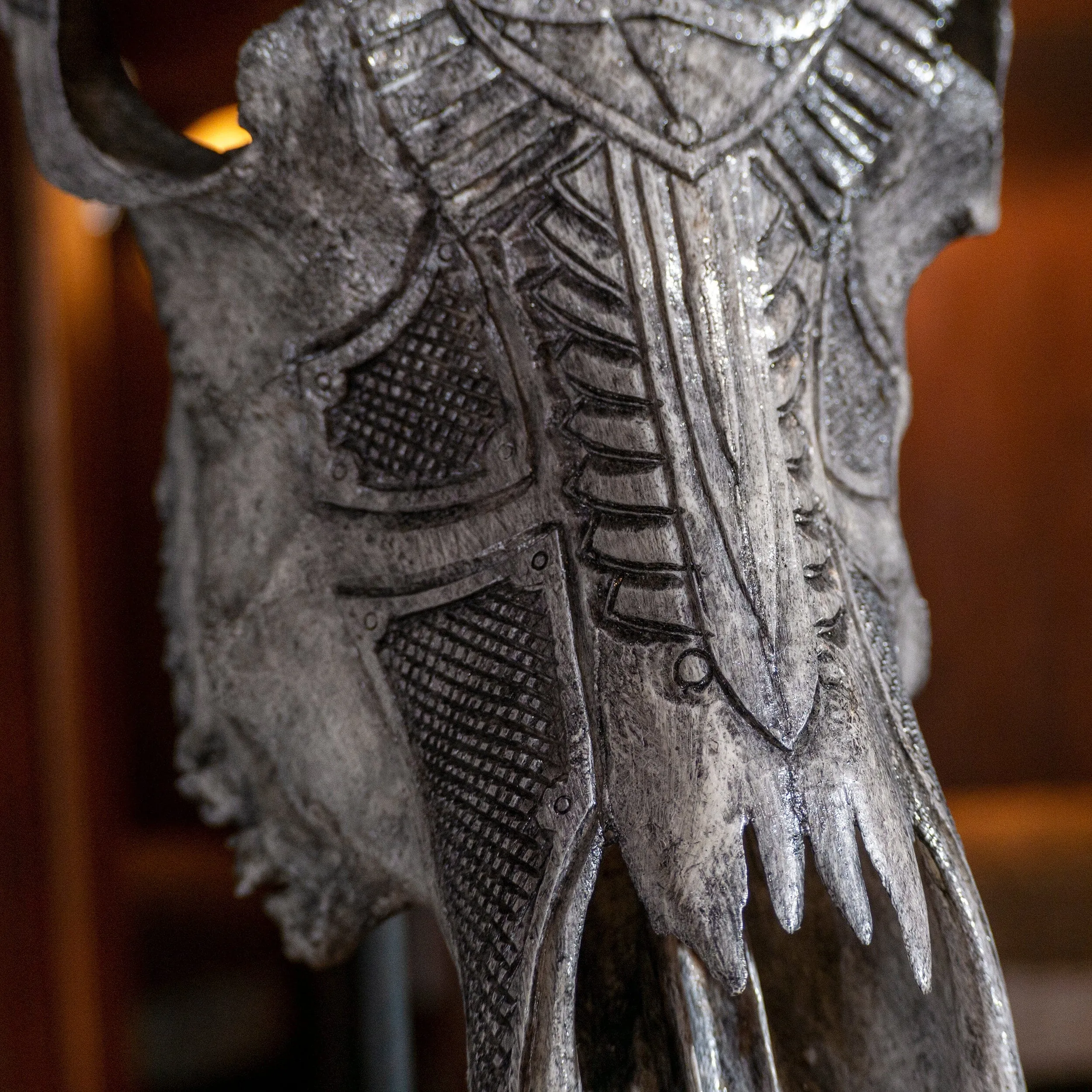 Hand Carved Bull Skull - Gray Valknut