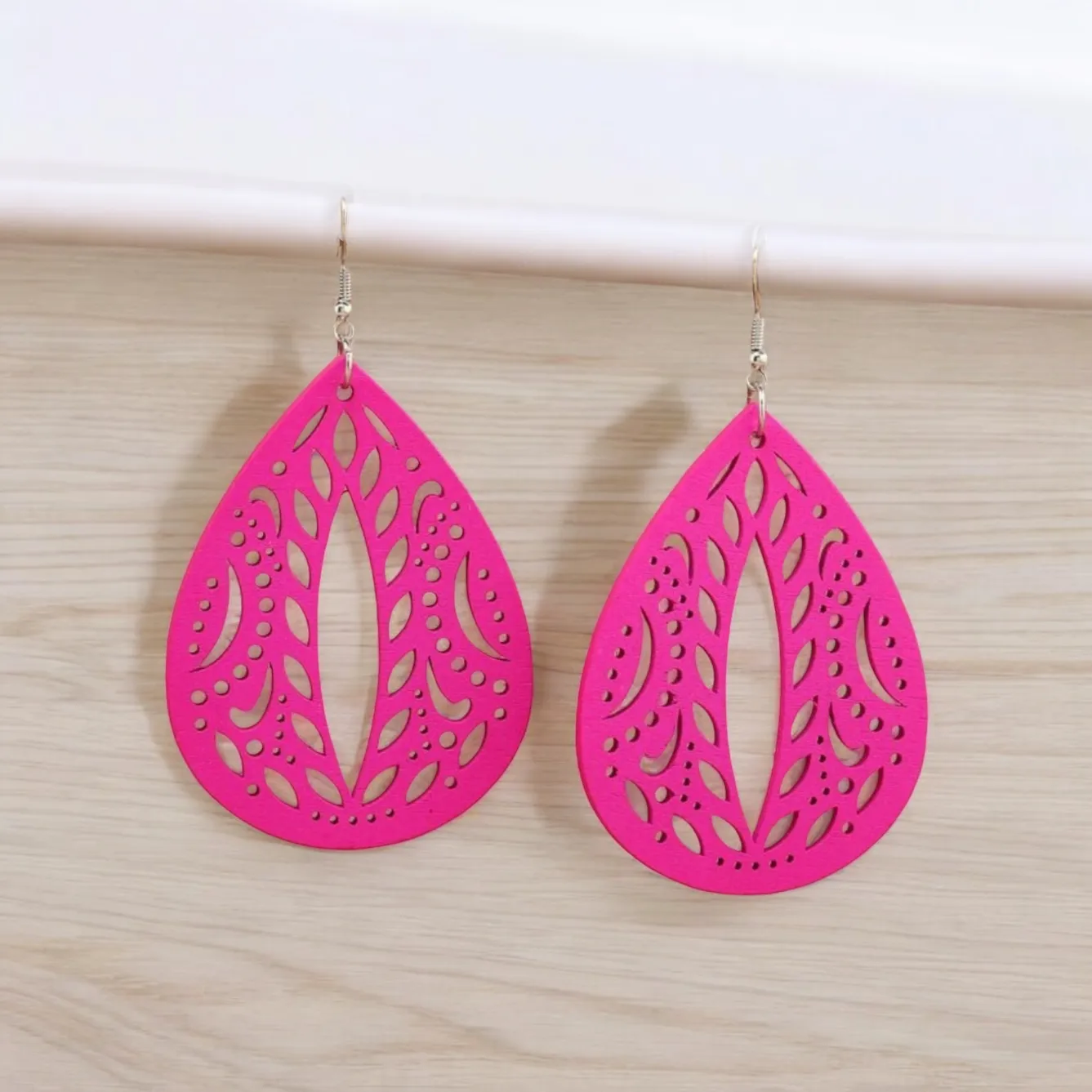 Hot Pink Hollow Out Wooden Earrings