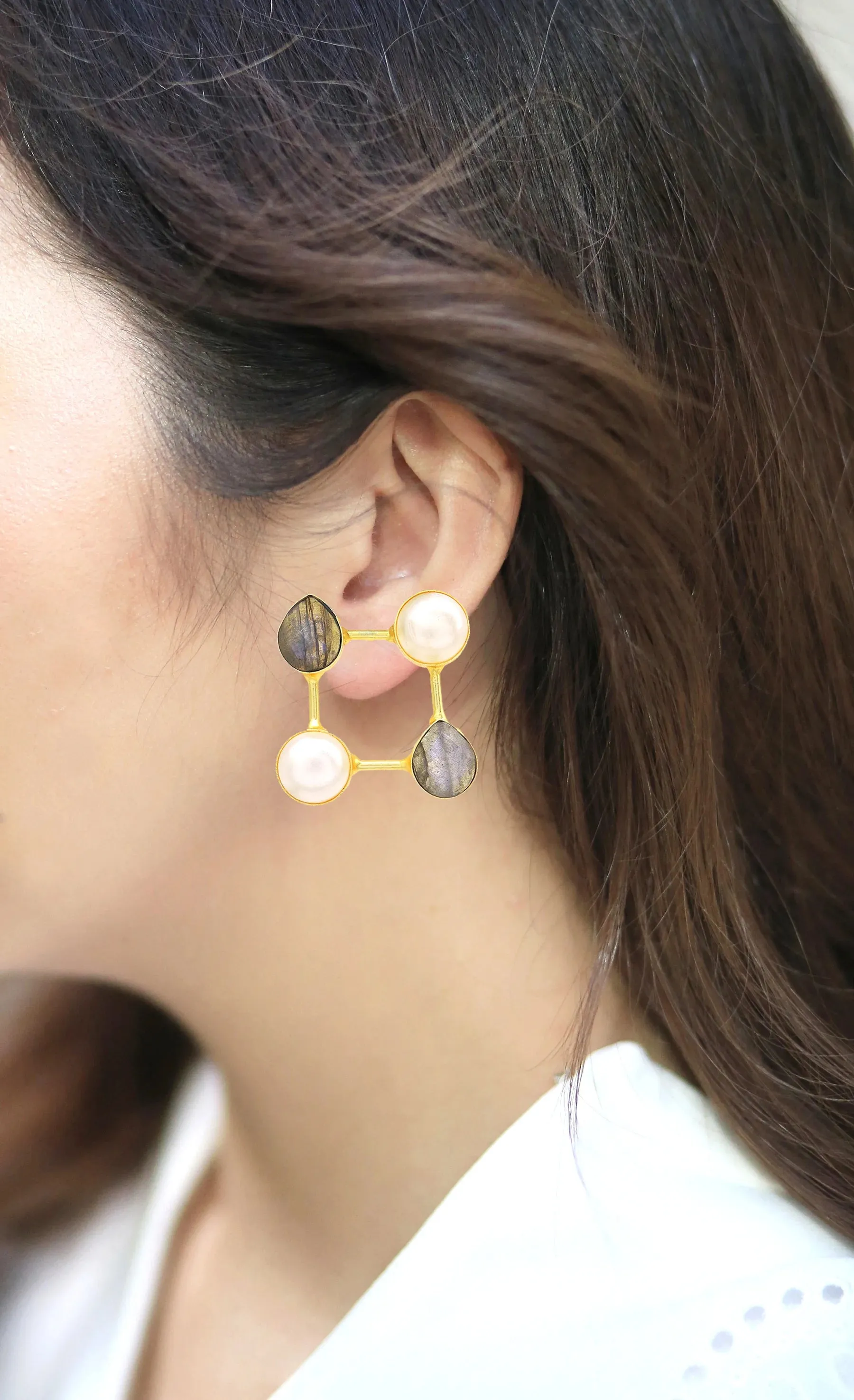 Labradorite & Pearl Square Frame Earrings