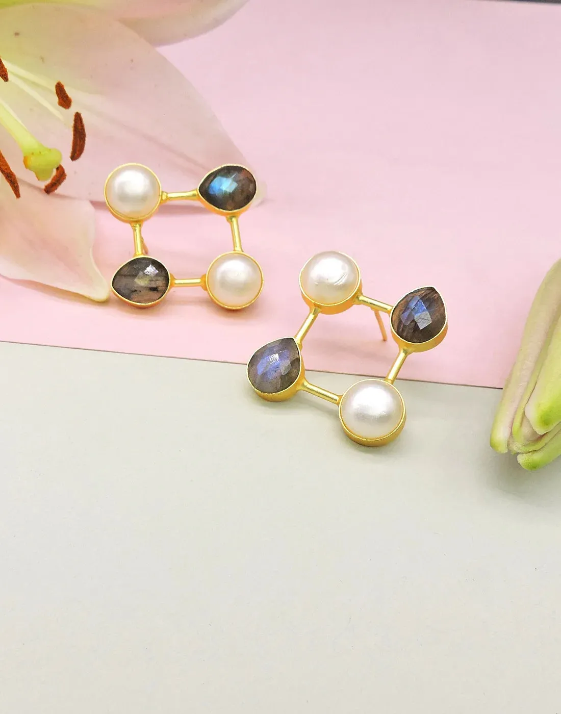 Labradorite & Pearl Square Frame Earrings