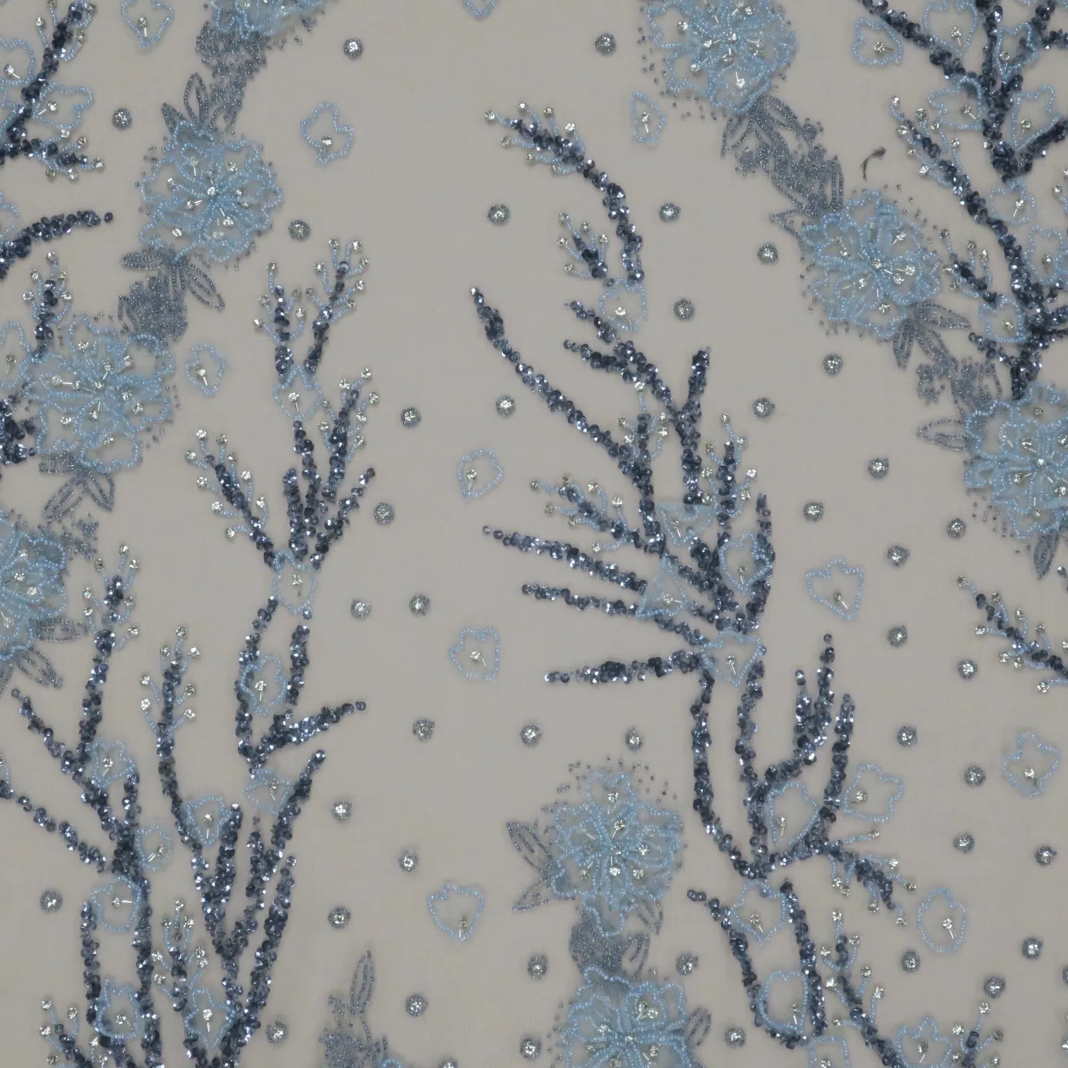 Light and Dark Blue Branches with Bugle Beads and Rhinestones Embroidered Tulle Fabric