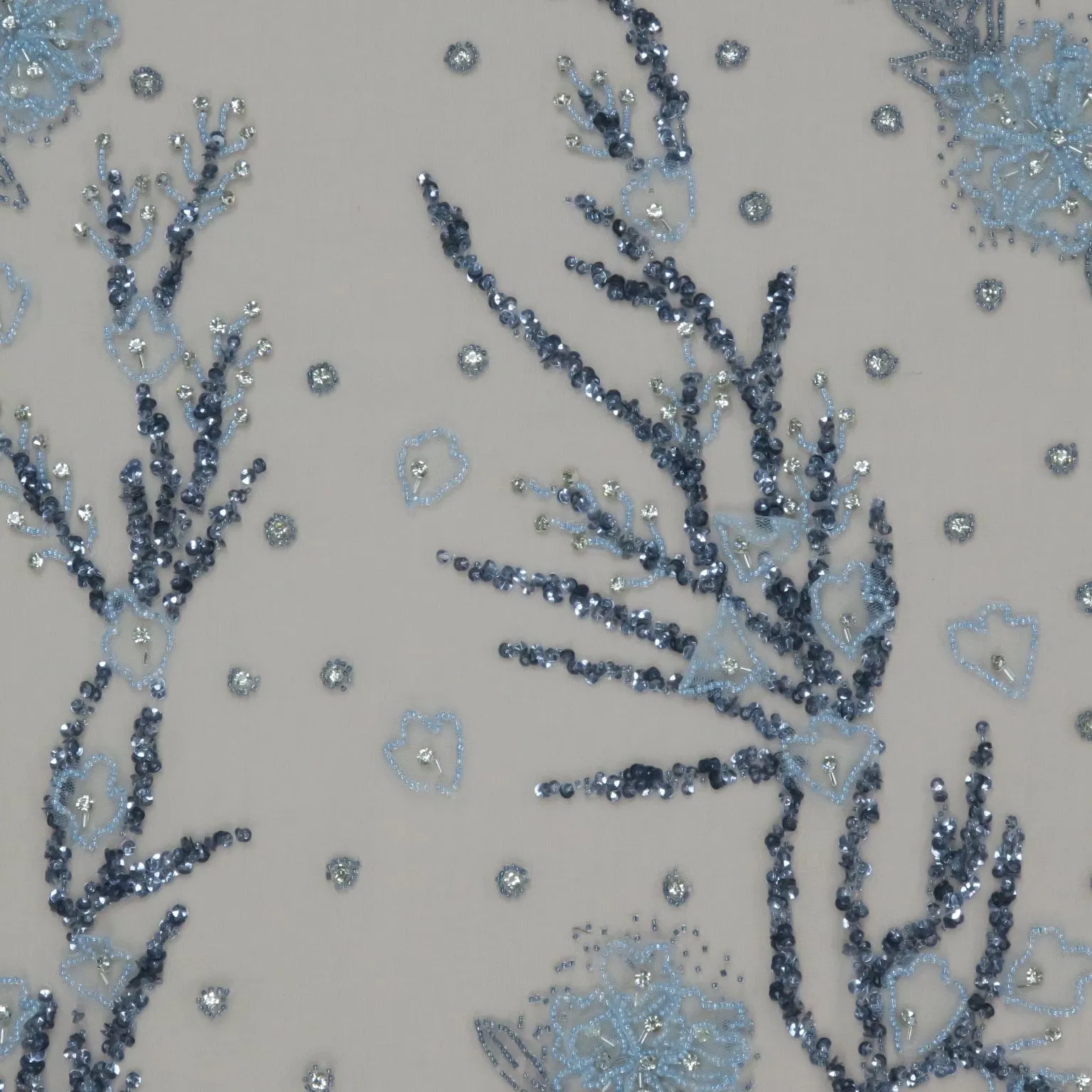 Light and Dark Blue Branches with Bugle Beads and Rhinestones Embroidered Tulle Fabric