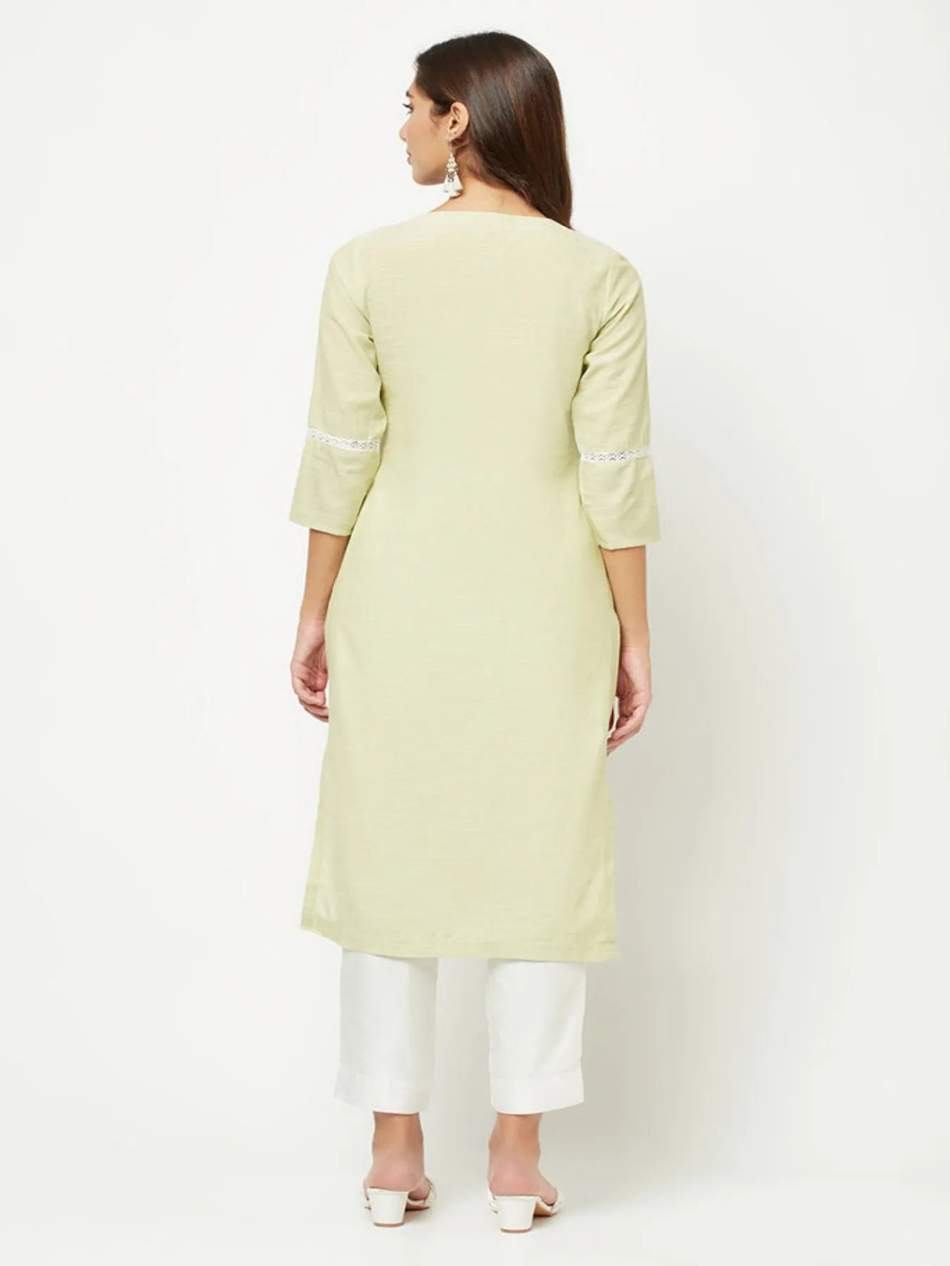 Lime Green Yoke Embroidered Kurta 