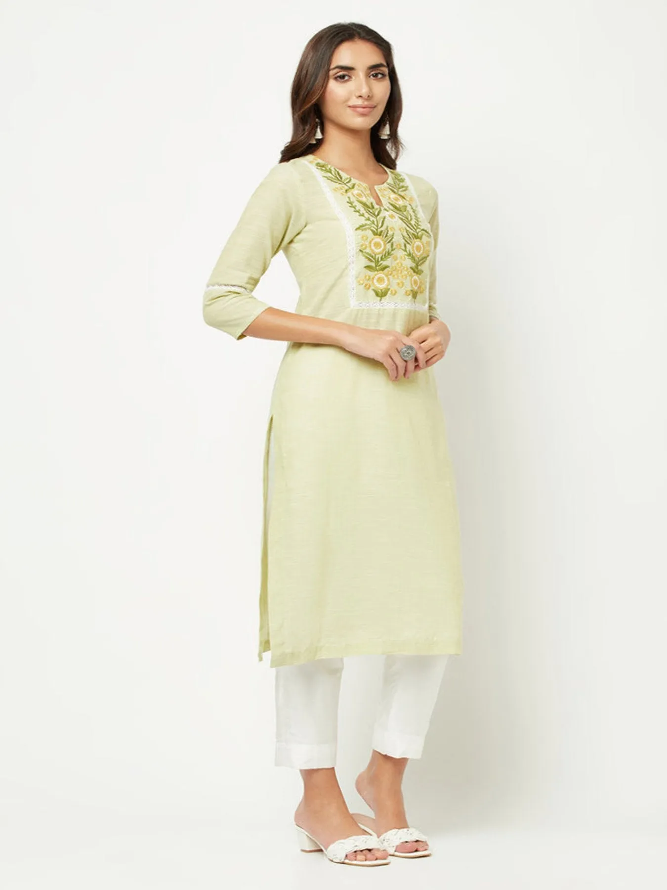 Lime Green Yoke Embroidered Kurta 
