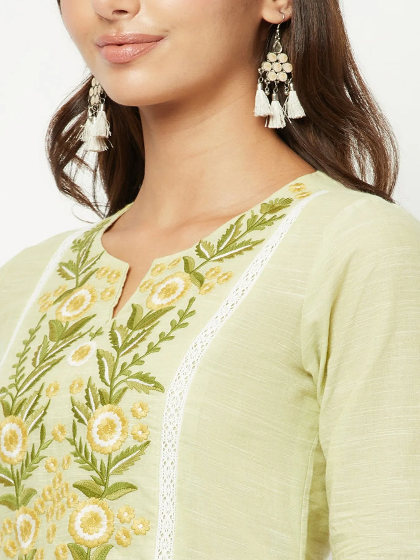 Lime Green Yoke Embroidered Kurta 