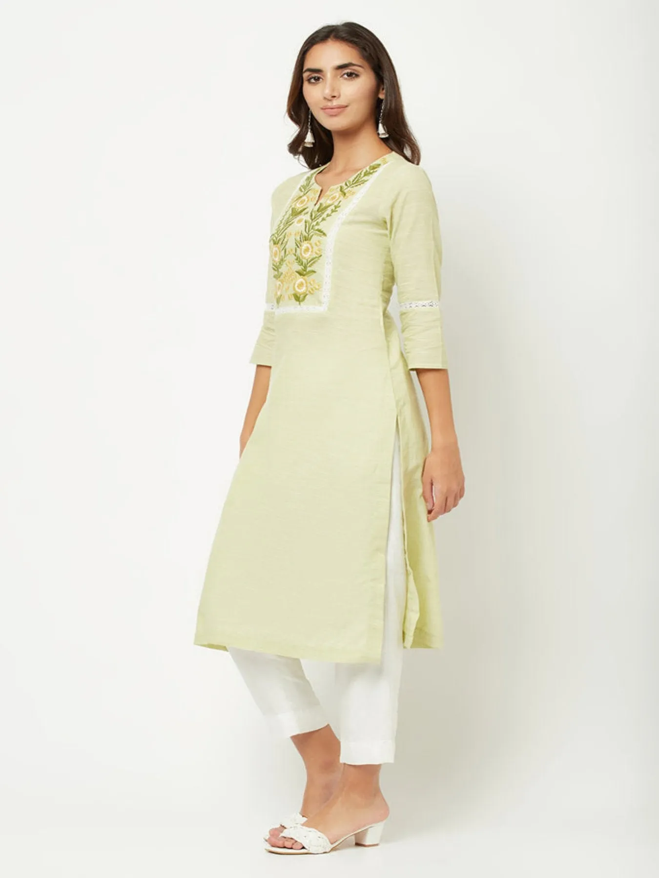 Lime Green Yoke Embroidered Kurta 
