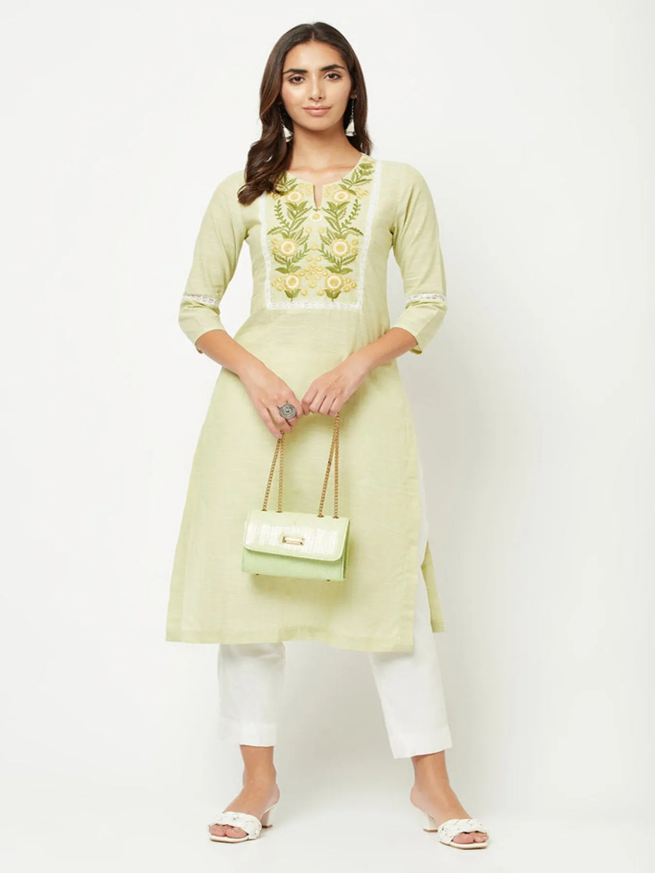Lime Green Yoke Embroidered Kurta 