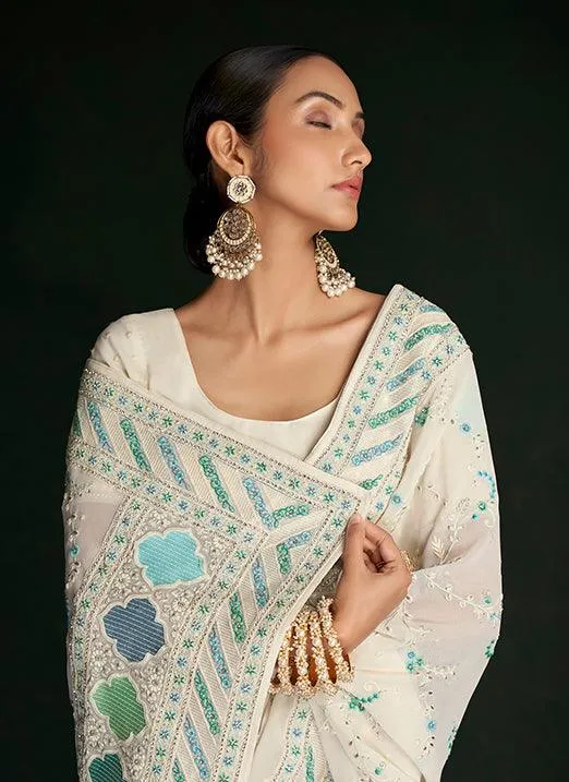 Lovable White Georgette Saree with Lucknowi Embroidery
