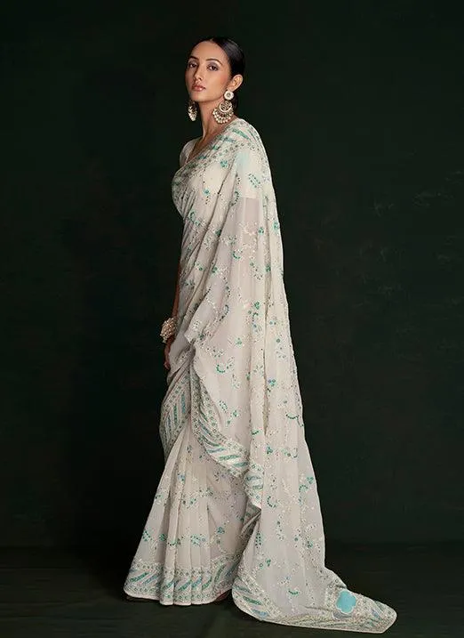 Lovable White Georgette Saree with Lucknowi Embroidery