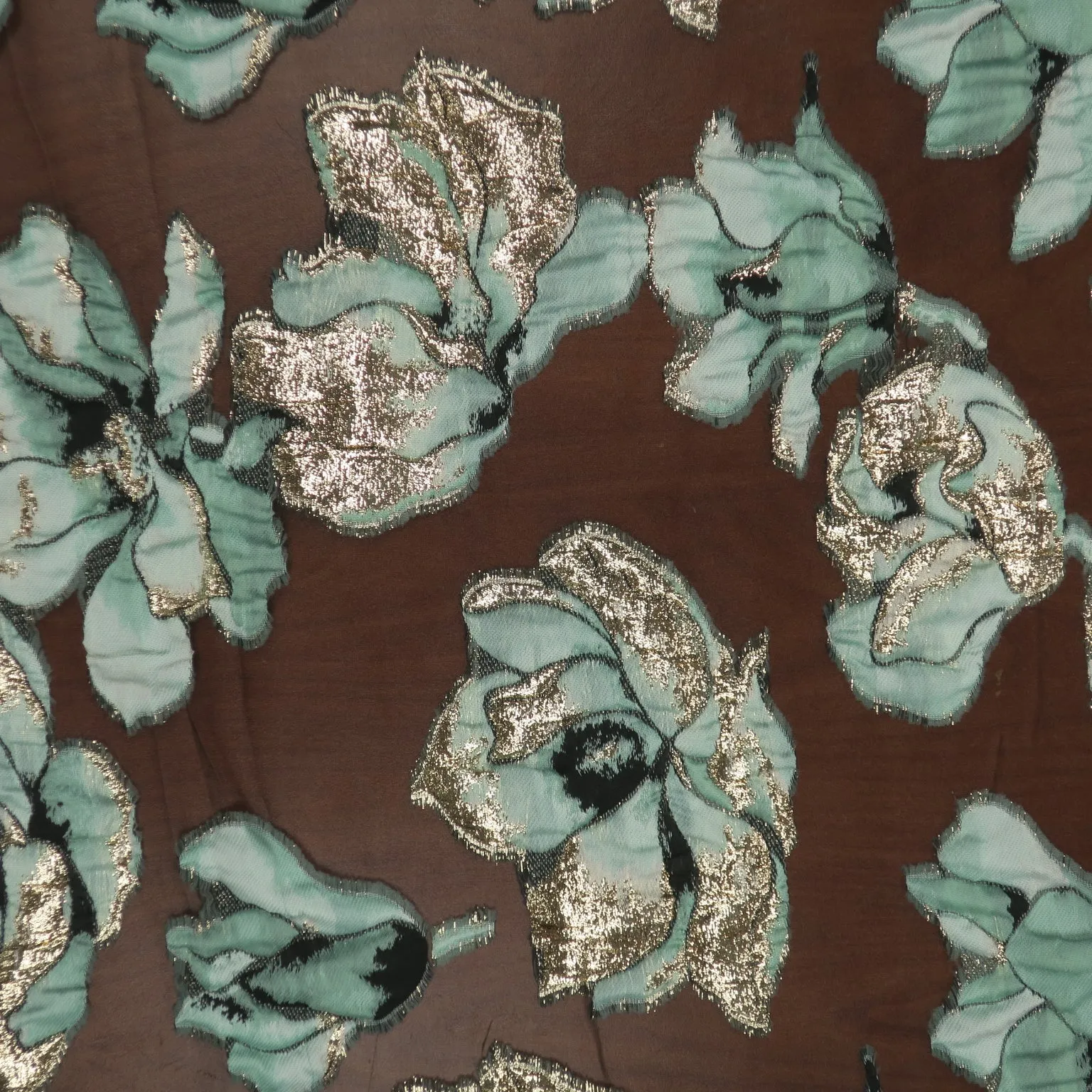 Mint Green and Gold Floral on a Black Organza Brocade Fabric