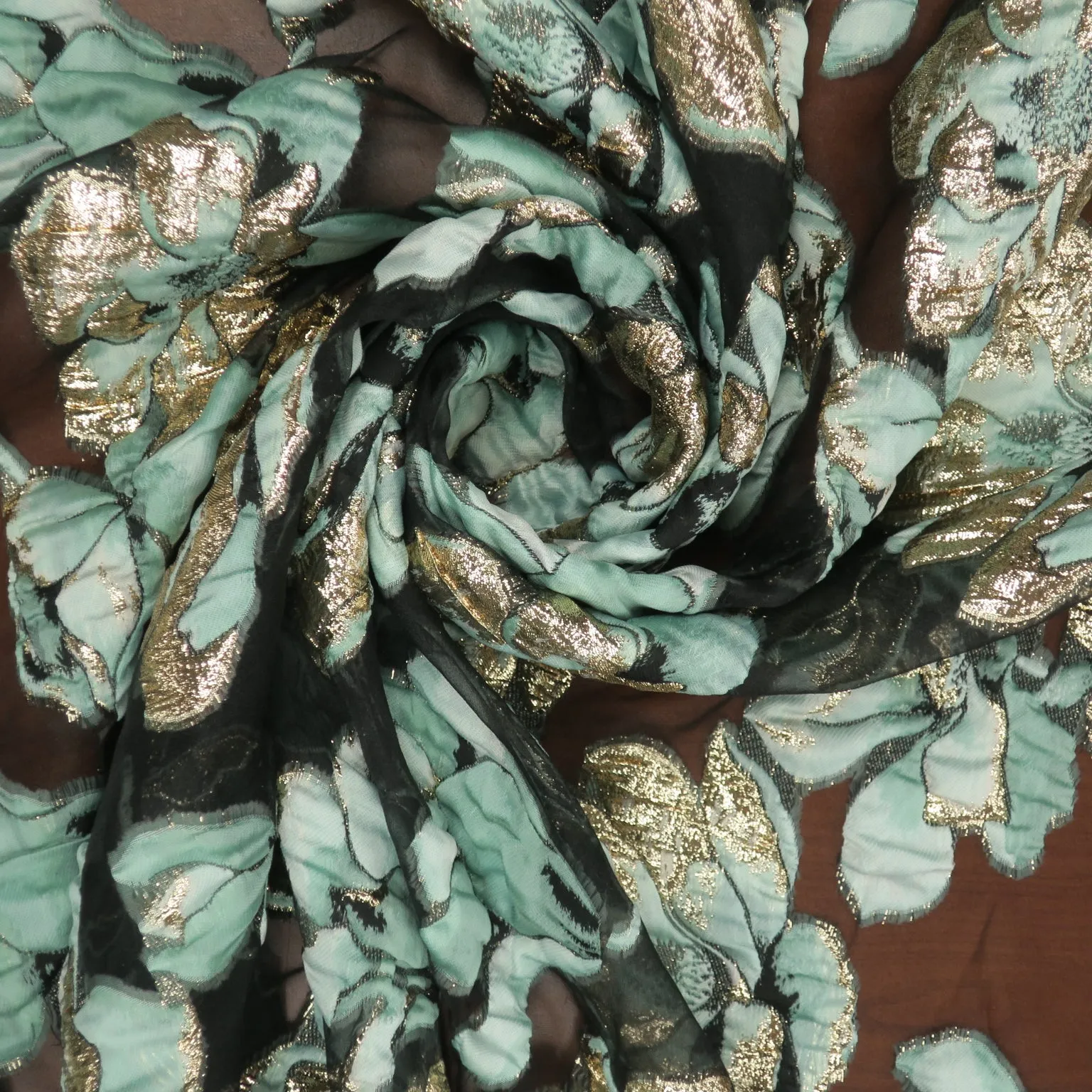 Mint Green and Gold Floral on a Black Organza Brocade Fabric