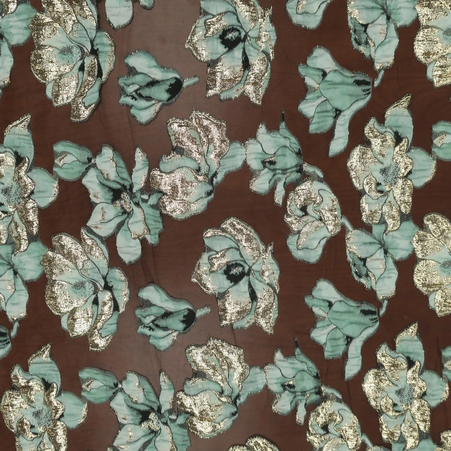 Mint Green and Gold Floral on a Black Organza Brocade Fabric