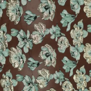 Mint Green and Gold Floral on a Black Organza Brocade Fabric