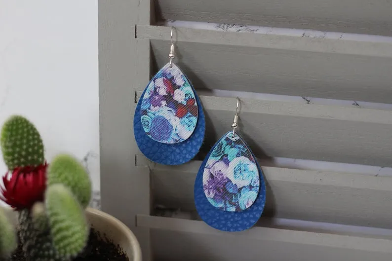 Navy Blue & Floral Faux Leather Earrings