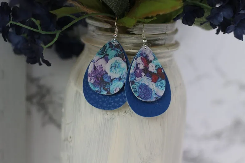 Navy Blue & Floral Faux Leather Earrings