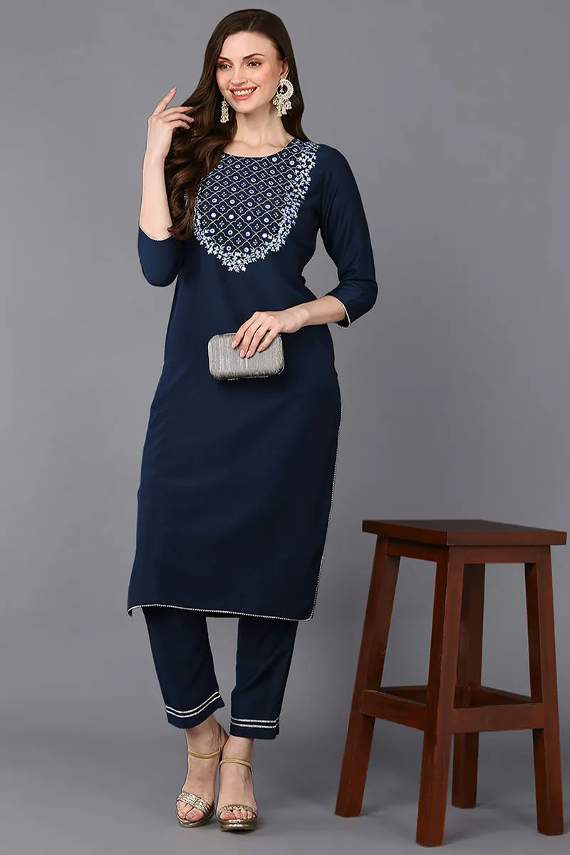Navy Blue Silk Blend Embroidered Straight Kurta