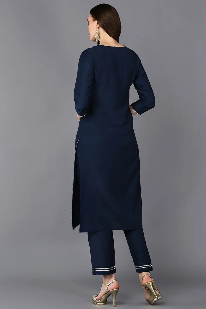 Navy Blue Silk Blend Embroidered Straight Kurta