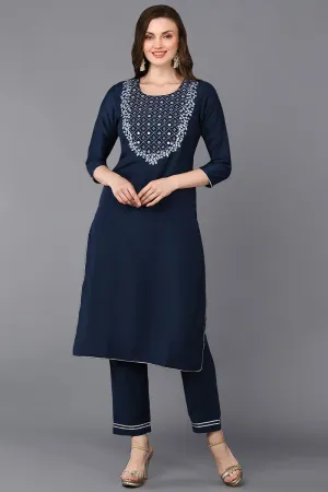 Navy Blue Silk Blend Embroidered Straight Kurta