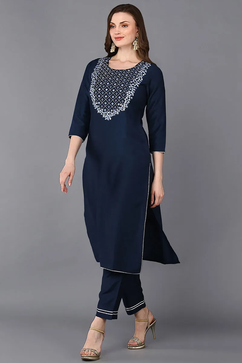 Navy Blue Silk Blend Embroidered Straight Kurta
