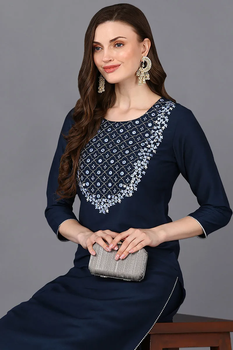 Navy Blue Silk Blend Embroidered Straight Kurta