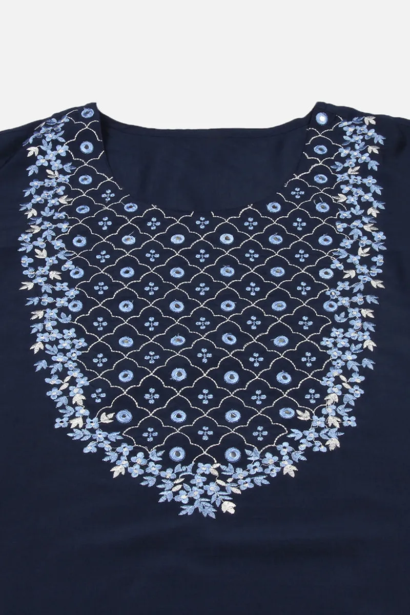 Navy Blue Silk Blend Embroidered Straight Kurta
